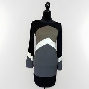 Hale Bob Color Block Sheath Dress Small Neutral Bell Sleeve Office Work Cocktail